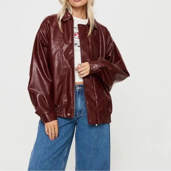 Princess Polly Faux Leather Jacket Burgundy - Picture 6 of 6